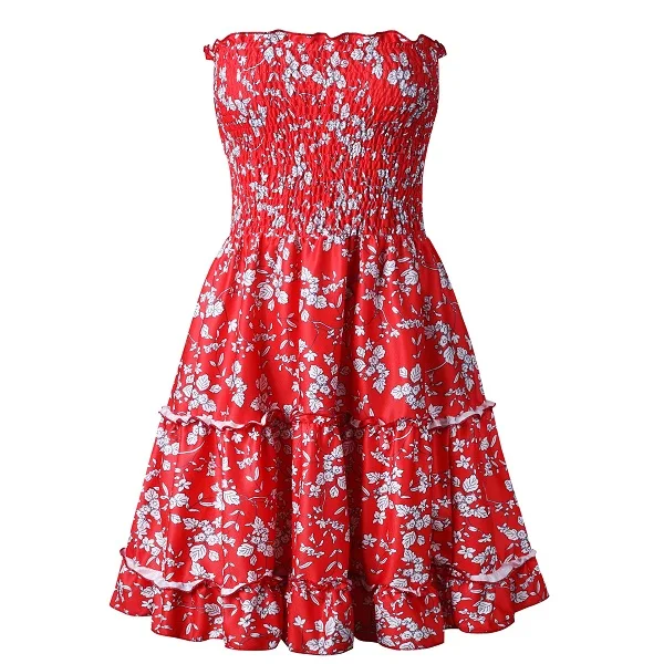 Red and White Dress Летнее пляжное платье без бретелек с принтом в стиле ампир,, бохо, сексуальное платье трапециевидной формы с открытой спиной и оборками, лимонный цветочный принт, Повседневный Сарафан - Цвет: Red and White Dress