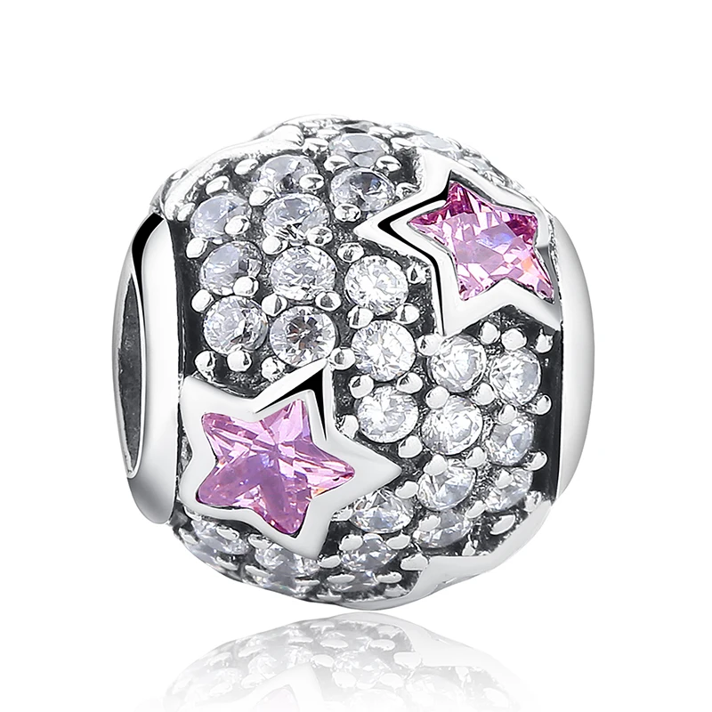 100% 925 Sterling Tibet Silver Soild Round Blue &amp Pink Rhinestone Star Bead Fit European Bracelet Authentic Luxury DIY Jewelry |