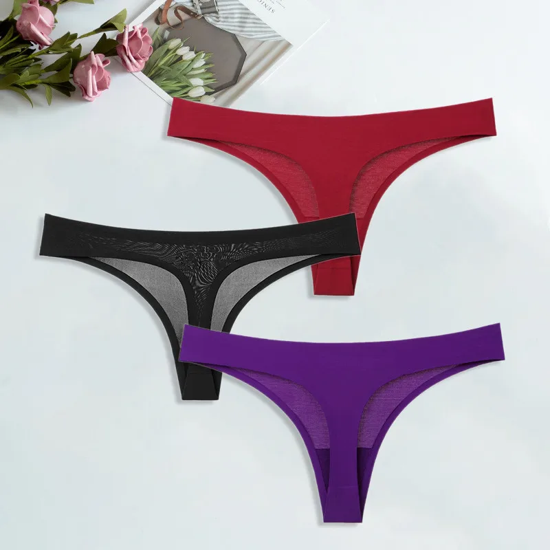 Purple-Black-Red Шелк льда стринги для женский сексуальный бесшовный стринги трусики хлопок женское нижнее белье девушки бикини женские трусы нижнее белье 3 шт./компл - Цвет: Purple-Black-Red