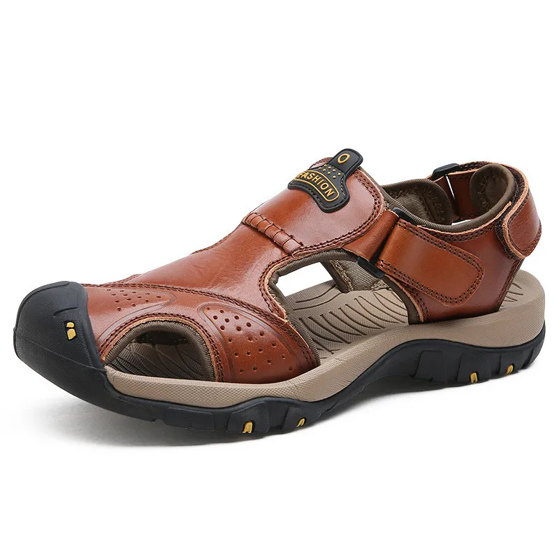 Light Brown Sandals Merkmak/летние пляжные сандалии из натуральной кожи; нескользящая мужская повседневная обувь; удобные защитные сандалии - Цвет: Light Brown Sandals