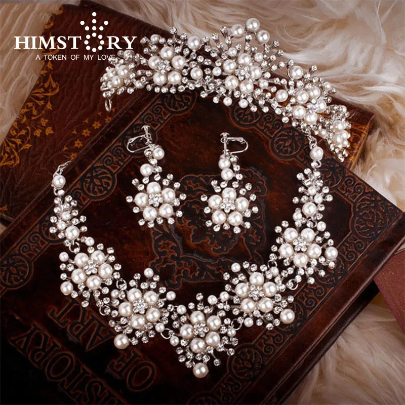 HIMSTORY новый дизайн цветок кристалл жемчуг невесты 3 шт. комплект Ожерелье Серьги
