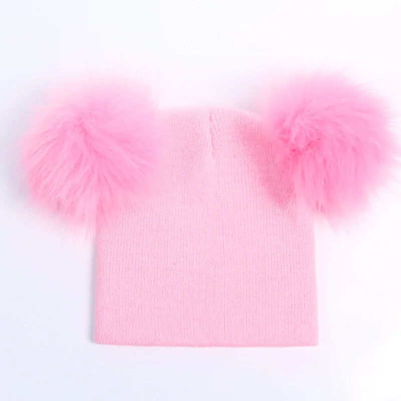 New Autumn Winter Crochet Children Hats Fur Pom Pom Ball Hat Kids Knit Beanie Hats Girl Boy Wool Cap Baby Toddler Beanies Caps - Цвет: pink
