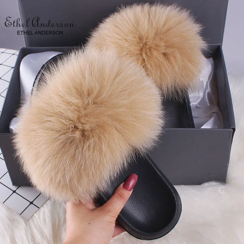 Camel Fox Fur Top Selling Real Fur Slippers Slides Women Summer Plush Fox Flip Flops Holiday Fluffy Raccoon Fur Sandals Shoes - Цвет: Camel Fox Fur