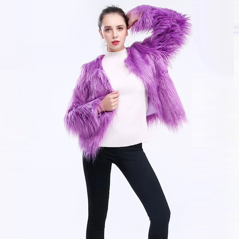

New Fashion Women Fur Coat Fluffy Fashion Purple Long Sleeve Faux Fur Coats Hairy Overcoat Dark Green Jacket PC111