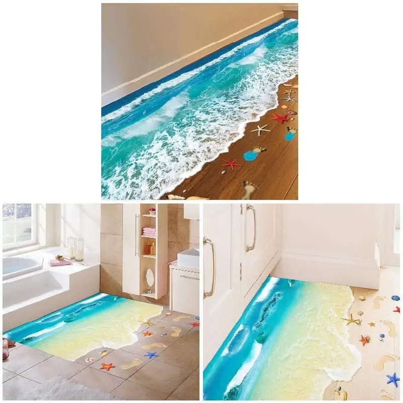 

Art Decals Ground Stickers For Bathroom Kids Room 3D Floor Wall Sticker Removable Ocean Beach Starfish Mural WXV Sale