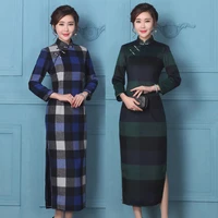 autumn winter sexy warm woolen cheongsam dress plaid long sleeve vintage length chinese woman cheongsam dress qipao party show
