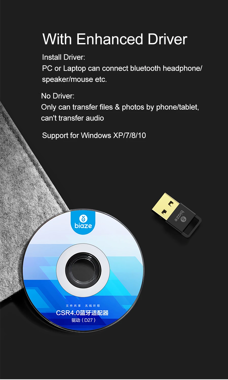 Biaze USB Bluetooth ключ адаптер 4,0 для компьютера ПК Беспроводная мышь динамик Музыка Аудио приемник APTX Bluetooth адаптер
