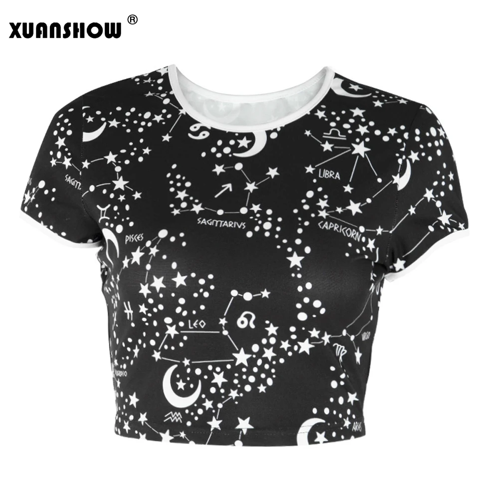 XUANSHOW/Летняя женская футболка с принтом звездного неба черный готический стиль