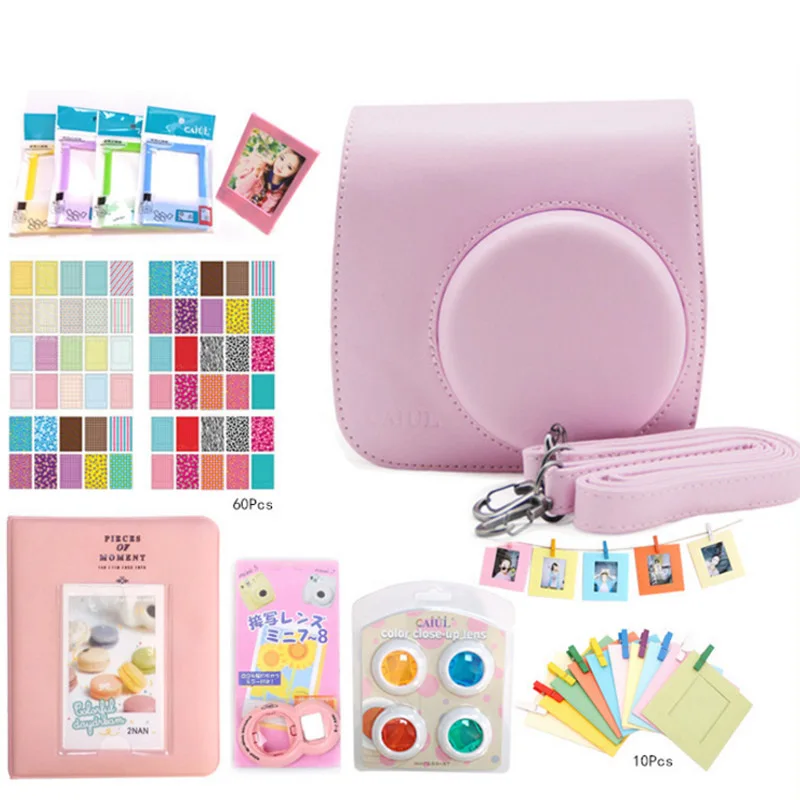 pink Новые аксессуары для камеры Fujifilm Instax Mini 8/8+/9 кожаный чехол-сумка с ремешком для съемки крупным планом наклейка для селфи фильтр для объектива фотоальбом - Цвет: pink