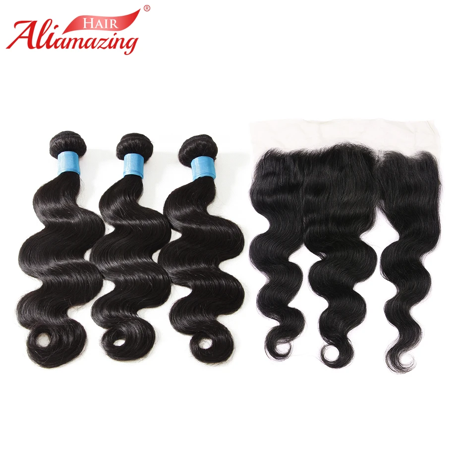 

Ali Amazing Hair Brazilian Body Wave Hair 3 Bundles with 13x4 Lace Frontal Remy Human Hair Bundles with Frontal 4pcs/lot #1B