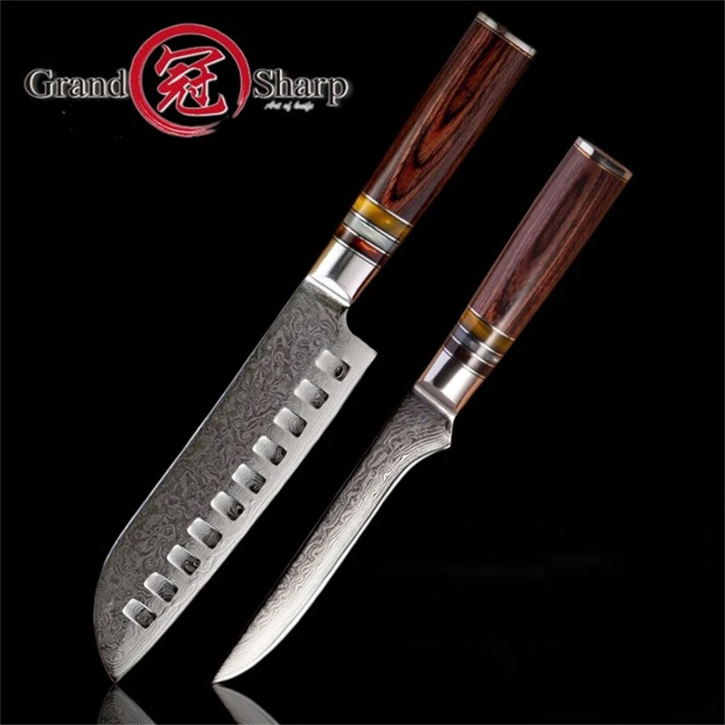 

Grandsharp, 2 шт., искусственный нож шеф-повара Santoku vg10, японские ножи из дамасской стали с подарочной коробкой