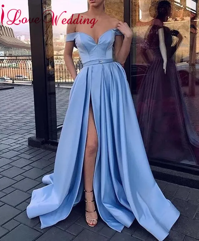 Синий ILoveWedding с плеча Синие атласные вечерние платья на заказ линия строгое длинное вечернее платье - Цвет: Синий