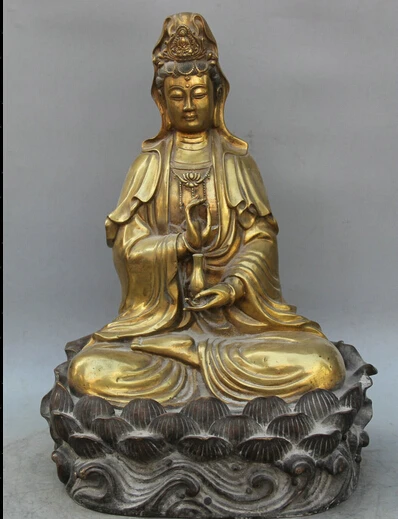 SCY S0524 18 &quotкитайская Бронзовая позолота сидение Kwan yin Guan Yin Boddhisattva богиня ваза