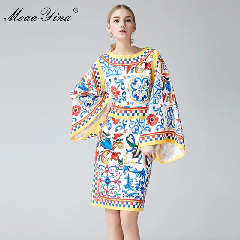 MoaaYina High Quality 2018 Fashion Summer Women Dress Round Collar Batwing Sleeve Package hip Plaid Floral Print Vintage | Женская