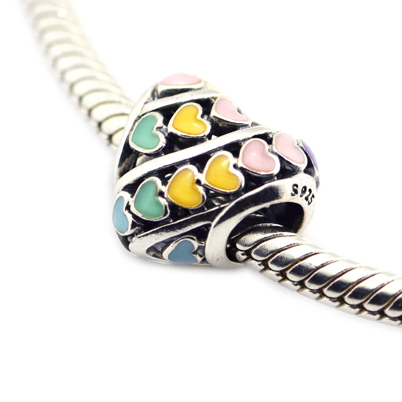 QANDOCCI Spring Multi-Color Hearts Charm Mixed Enamel DIY Fits for Original Charms Bracelets 925 Sterling Silver Jewelry | Украшения и