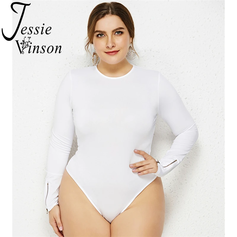 

Jessie Vinson Women Long Sleeve O-neck Bodysuit Plus Size Solid Black White Skinny Bodysuit Jumpsuit 4XL 5XL Bandage Bodysuits