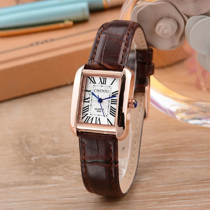 Brown White Dial CHENXI Брендовые женские красные кожаные роскошные кварцевые модные женские часы простые наручные часы женские креативный подарок montre femme - Цвет: Brown White Dial