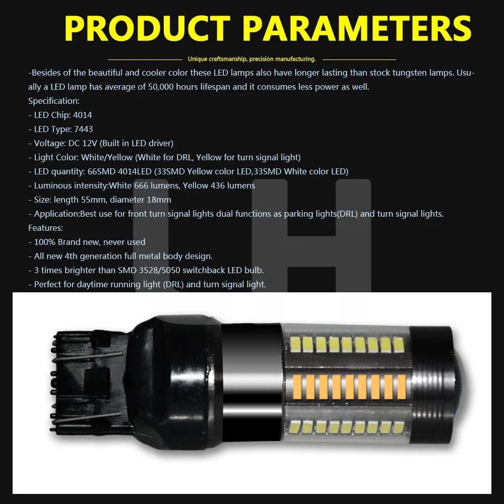 2 шт. переключатель двойной цвет T20 7443 4014 66SMD 33 Вт светодиодный лампы DRL Янтарный