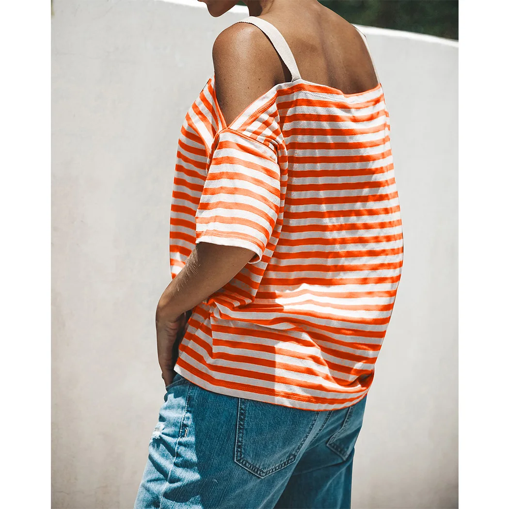New Women Tops Sexy Cold Shoulder Striped Blouses Summer Casual Short Sleeve Loose Ladies Shirts Blusa Feminina A4 |