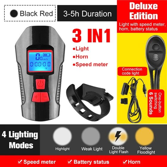 Deluxe Black Red Водонепроницаемый велосипедный светильник, заряжаемый от USB велосипедный передний светильник, светильник-вспышка с велосипедным компьютером, ЖК-спидометр, велосипедный головной светильник - Цвет: Deluxe Black Red