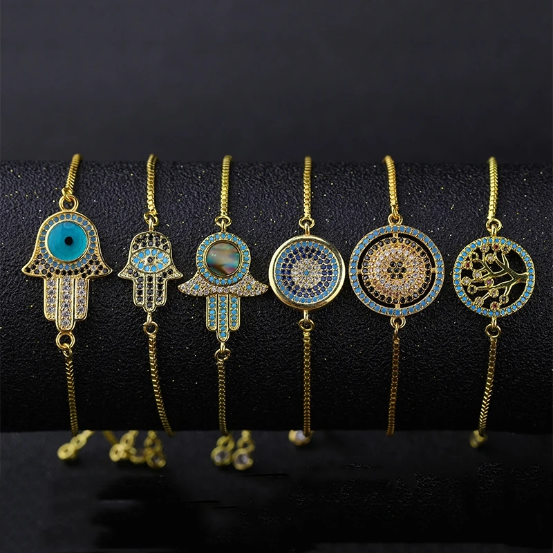 

Juya Hamsa Hand Of Fatima Greek Evil Eye Bracelets Supplies For Women Men Gold/Rose Gold Adjustable Chains Charm Bracelet