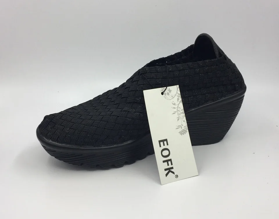 EOFK Breathable Women Woven Shoes loafers Handmade Elastic Woven Slip On Nylon Platform Wedges Shoes Woman