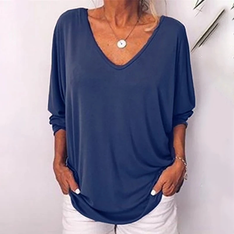 Blue LAAMEI, Новое поступление, женские футболки с рукавом летучая мышь, свободная Однотонная футболка с длинным рукавом, футболка с v-образным вырезом и пуговицами на спине, топы, футболки размера плюс - Цвет: Blue