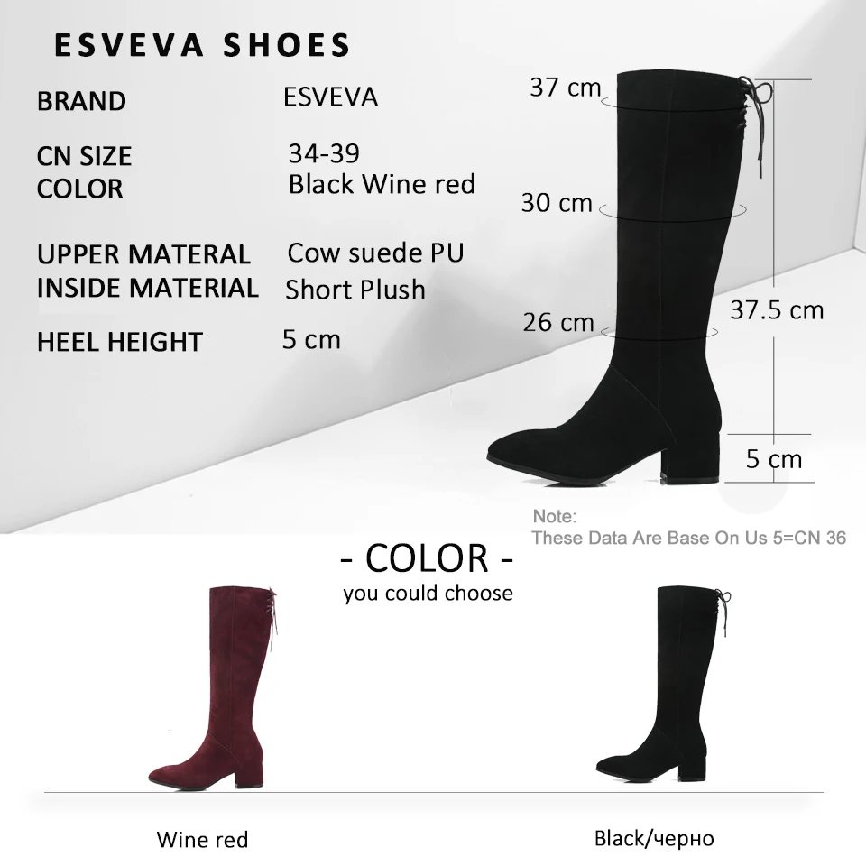 

ESVEVA 2019 Women Shoes Pointed Toe Short Plush High Heels Winter Boots Square Heels Knee High Boots Zip Autumn Shoes Size 34-39