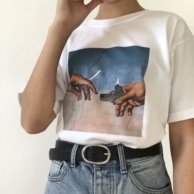 

Fashionshow-JF Hot Sale Michelangelo Hand Cigarette Lighter Printed T Shirt Women Short Sleeve Funny Printing Tee Tops
