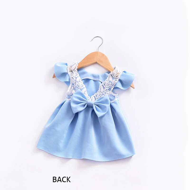 BLUE Коллекция года, милое кружевное платье с открытой спиной для маленьких девочек летние праздничные платья принцессы детская одежда с бантом на свадьбу для детей возрастом от 1 года до 4 лет, Vestido - Цвет: BLUE