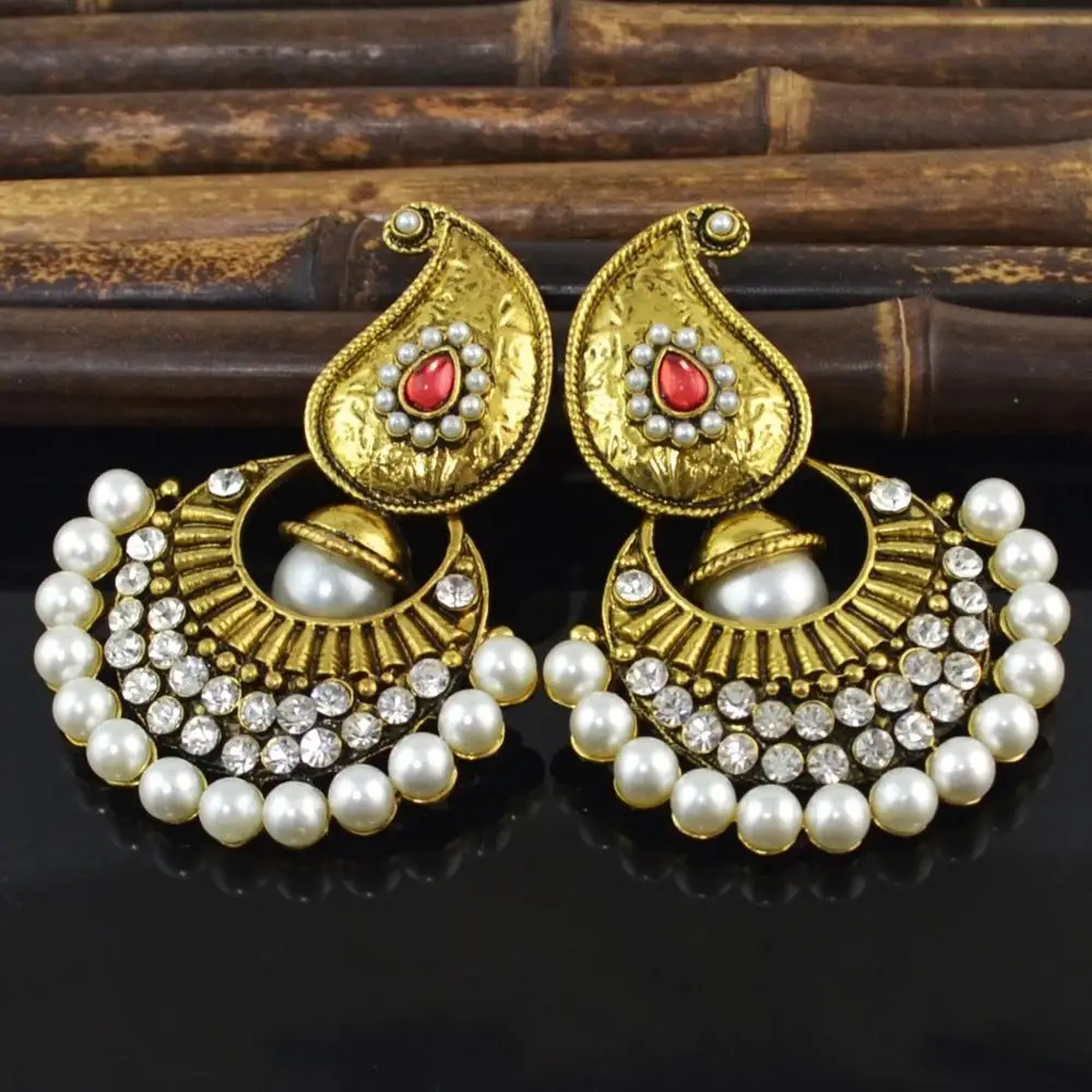 Популярные индийские сережки подвески Jhumka с большим жемчугом и кристаллами