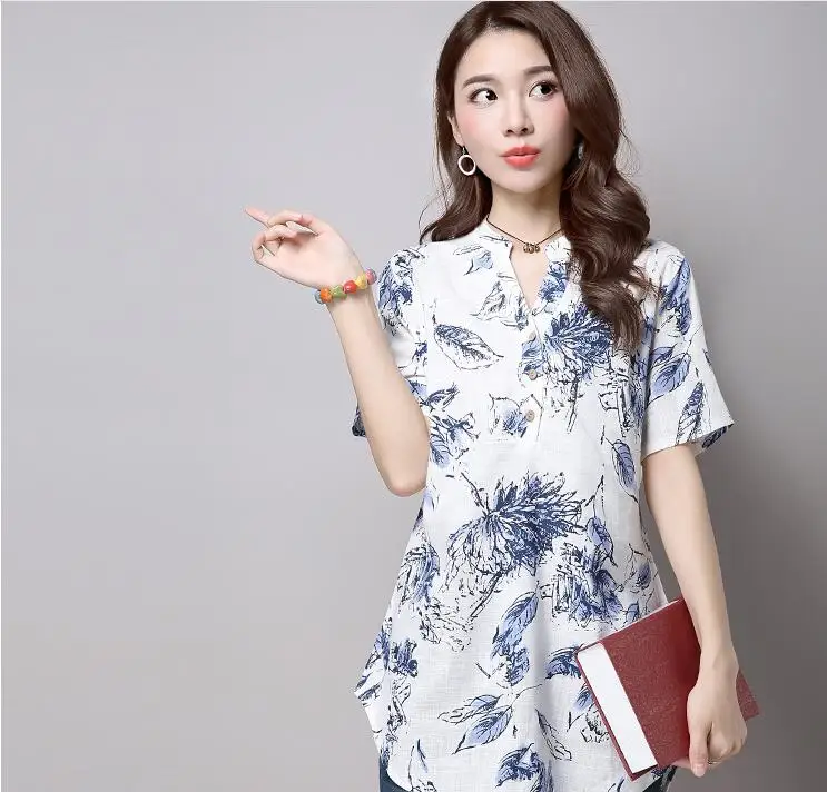 

new Blouse Shirt Female Cotton Linen 2021 New Summer Printed Casual roll up Short Sleeve Shirts Loose Women Tops Ladies Clothing