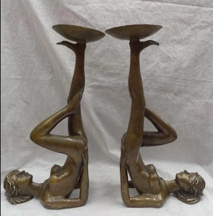 

38cm H 15" Chinese BRASS Beauty Belle Peri Statue Candle Stick Holder Pair copper craft tools wedding Decoration Brass BRASS