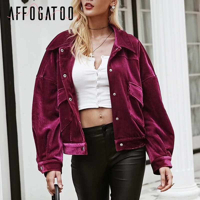 Affogatoo вельвет осень карман куртки пальто Для женщин oversize короткие зимняя куртка
