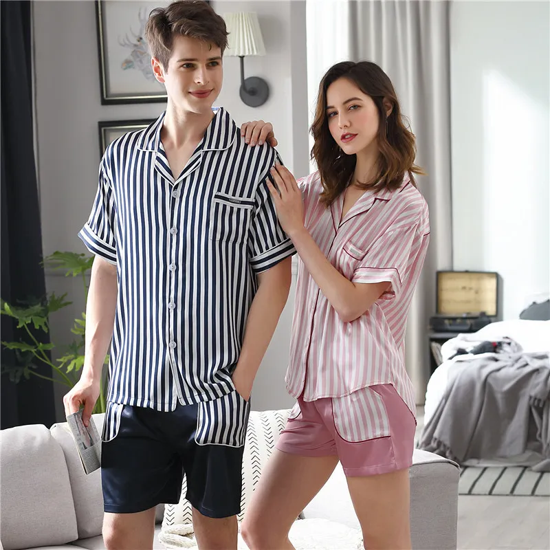 Пижамный комплект для пар атласная Шелковая пижама в полоску шорты с коротким