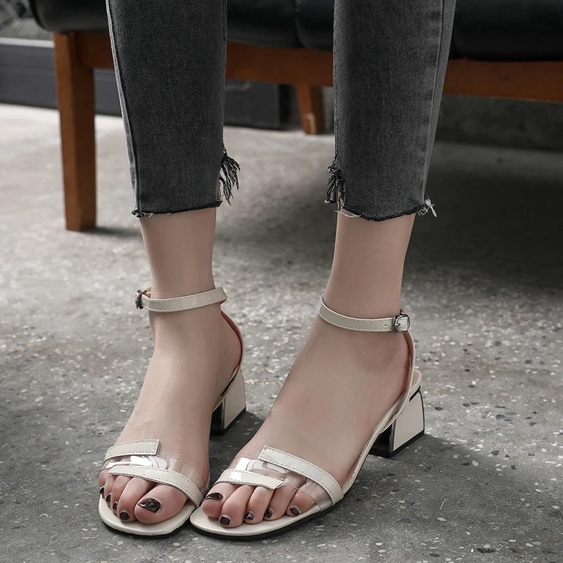 

2019 Summer New Fashion Sandals Peep Toe Ankle Strap Sandal Square Heels High Heel Party Handmade Shoes Sandals Lady Women Shoes