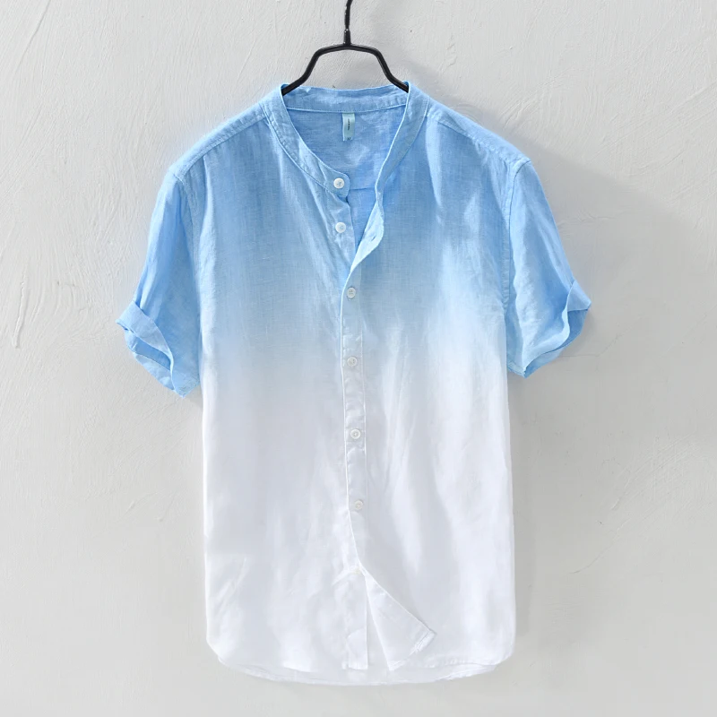 

Suehaiwe's brand short sleeve gradient linen shirt men casual fashion stand collar flax shirt mens comfortable chemise camisa