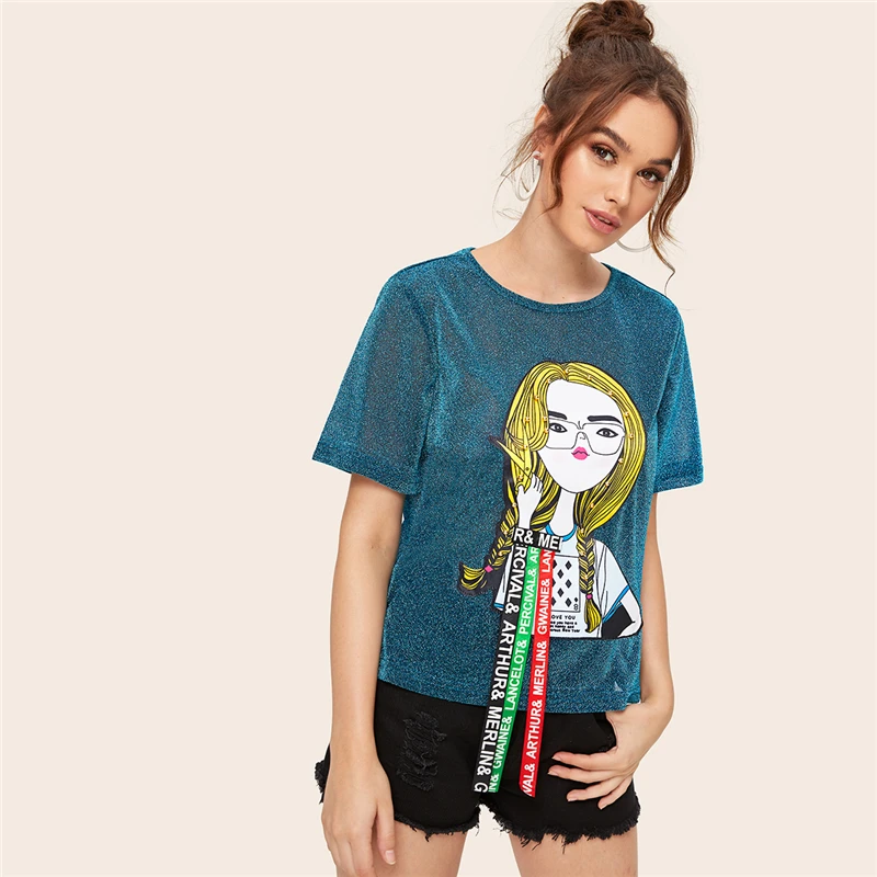 Dotfashion, бирюзовая футболка с рисунком, блестящая женская футболка, лето, Повседневная Уличная одежда, модные топы, футболка с коротким рукавом