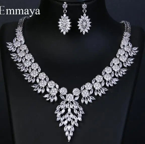 silver Emmaya бренд сверкающий Кубический Цирконий Кристалл Циркон цветок ожерелье и серьги Свадебные Ювелирные наборы подарок - Окраска металла: silver