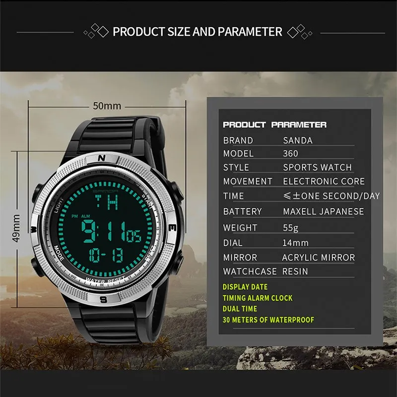 SANDA роскошные Брендовые мужские спортивные часы светодиодные цифровые армейские