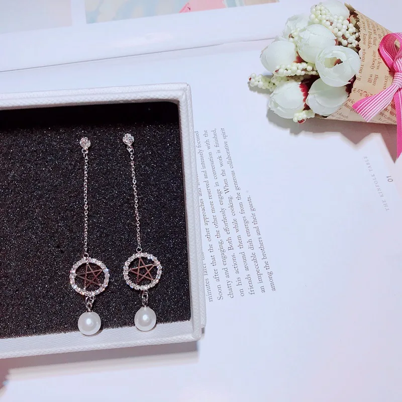 Star pearl cz Длинные серьги серебро 925 pin гипоаллергенный fadeless сплав моды для женщин