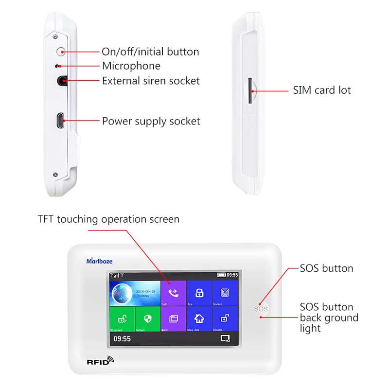 Marlboze беспроводная домашняя безопасность Wi-Fi GSM GPRS Сигнализация приложение дистанционное управление RFID карта Arm снятие с цветным экраном кнопка SOS