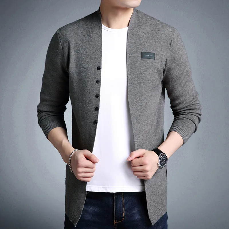 AYUNUSE New 2020 Autumn Knitted Cardigan Sweater Men V Neck Single Button Cardigans Male Gray Black Slim Fit Jacket Outwear | Мужская