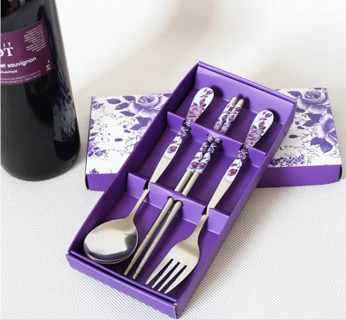 3pcs purple Творческий Нержавеющая сталь корейские палочки для еды ложка персонализированные лазерная гравировка узоры палочки мультфильм Детский подарок - Цвет: 3pcs purple