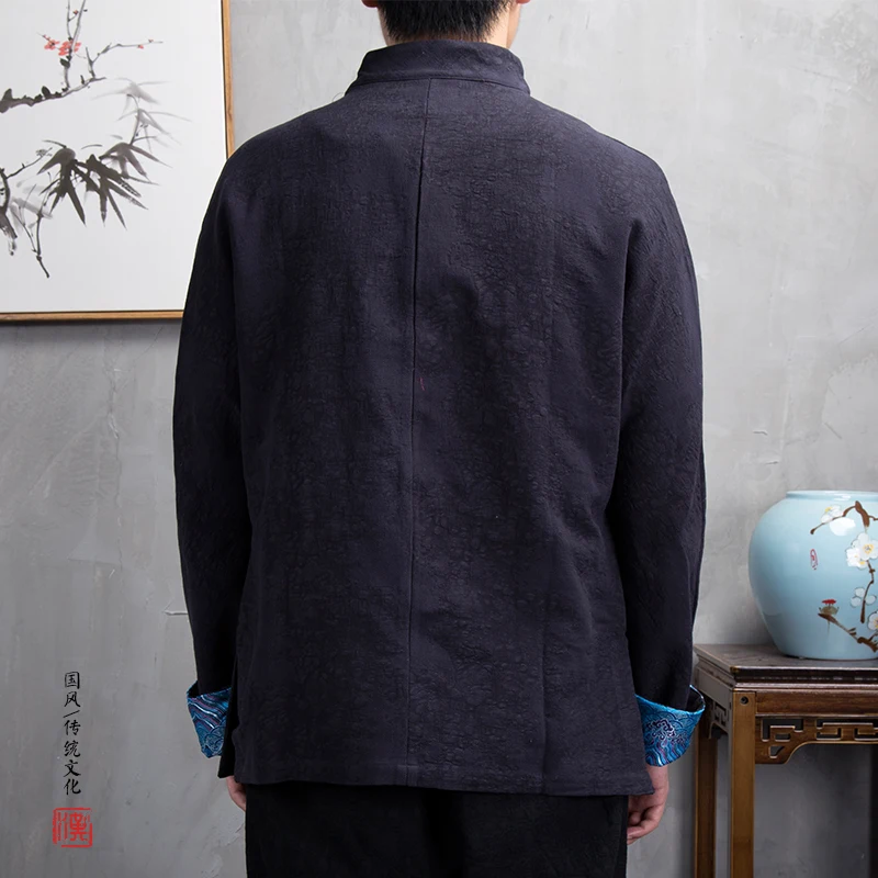 MR-DONOO Chinese style men's cotton and linen jacket middle-aged retro long-sleeved buckle top Hanfu W21 | Мужская одежда