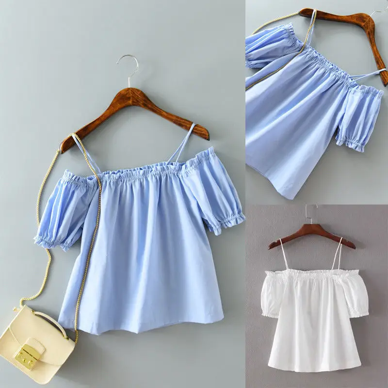 Женская блузка летняя с коротким рукавом и вырезом лодочкой синего цвета 2 вида