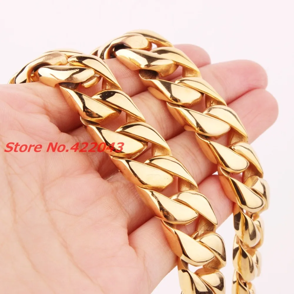 

24" 15MM Heavy Cool Gold Tone 316L Stainless Steel Mens Curb Cuban Chain Necklace, New Arrived Jewelry For Mens Boy's 203g Chain