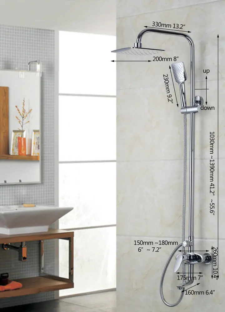 53702 200mm New Chrome Brass Water Pressure Boosting Bathroom Rain 8&quot Shower Mixer Tub Faucet Set | Дом и сад