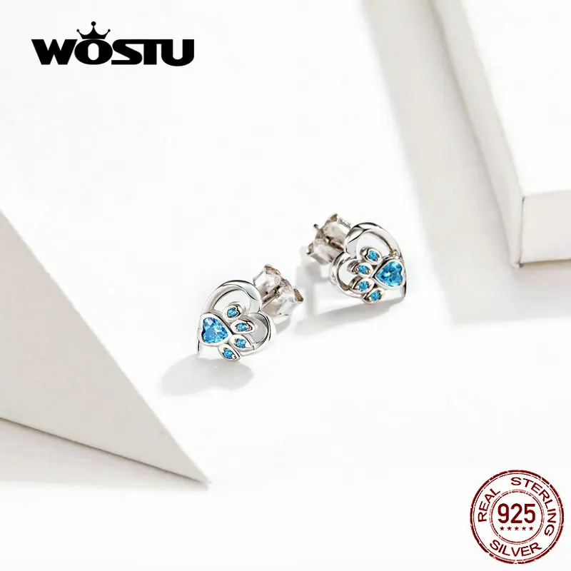 WOSTU Dog Paw Foot Heart серьги из 100% стерлингового серебра 925 пробы с синим цирконием для