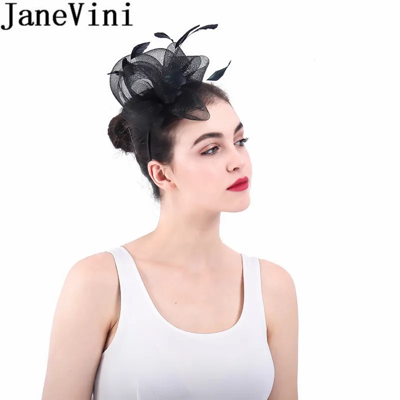JaneVini элегантные черные аксессуары для волос для невесты свадебные Facinators шапки повязка на голову с перьями Вечерние фатиновые шляпы женские Hearwear